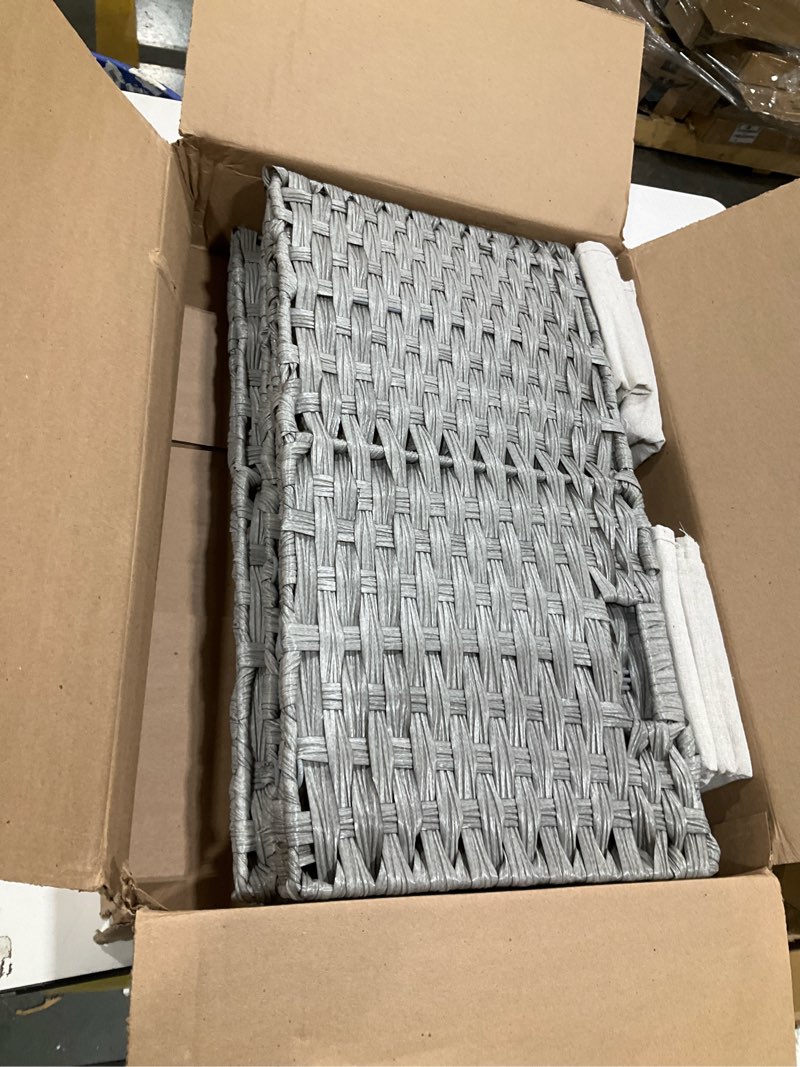 Condition photo showing Good Condition for Bidtakay Wicker Cube Baskets with Liners Cube Storage Organizer for Shelves Closet 11 inch 4 Pack Decorative Hand-Woven Imitation Wicker Storage Bins for Organizing Pantry Bedroom Light Grey 11 Inch Cube-4 Pcs Light Grey