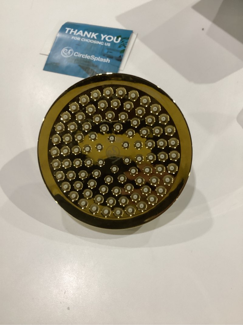 Condition photo showing As Is for High Pressure Shower Head - Anti-Clogging Silicone Nozzles - 2.5 GPM Removable Restrictor - Easy to Clean Adjustable Replacement - easy to install with Plumbers Tape - 6 inch - Elegant Gold Finish 2.5GPM Gold