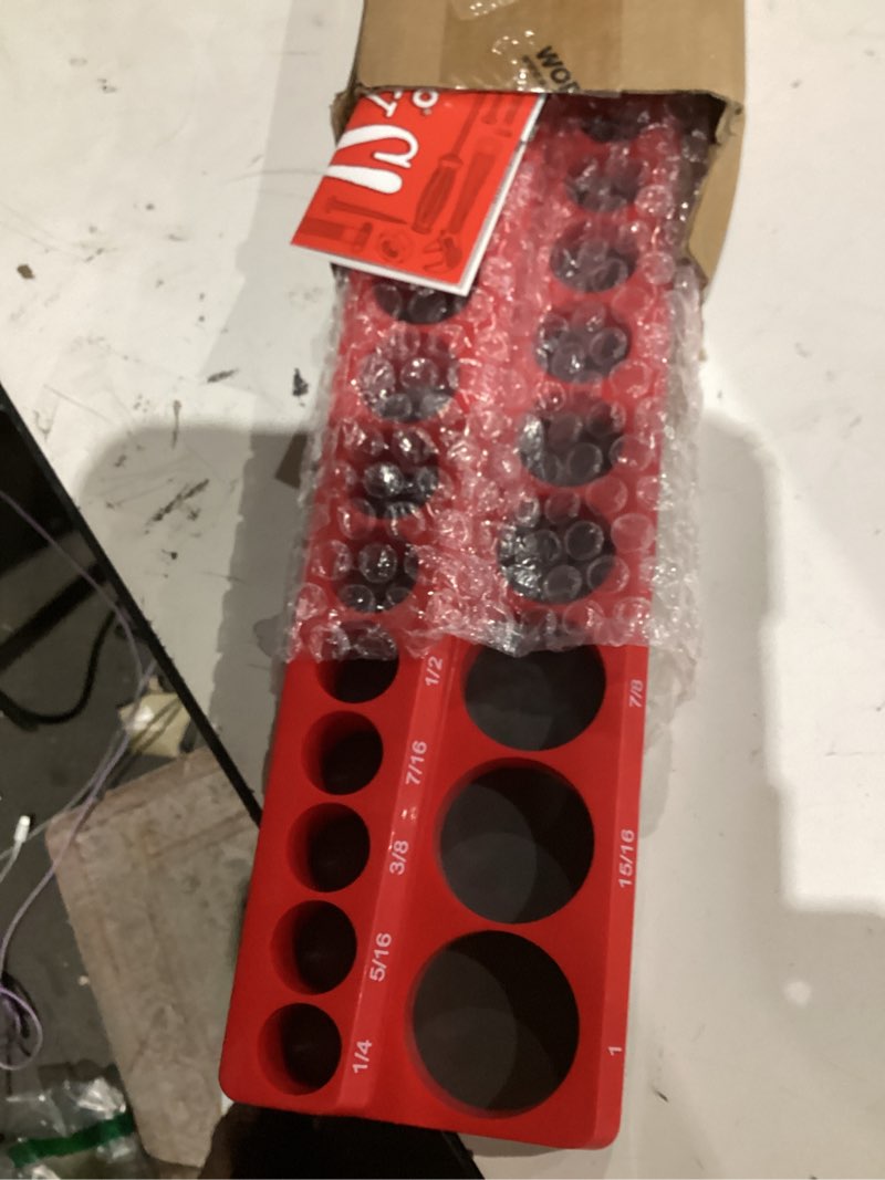 Condition photo showing Good Condition for workpro 3/8-inch sae magnetic socket organizer, holds 26 pieces standard size and deep size sockets(socket not included)