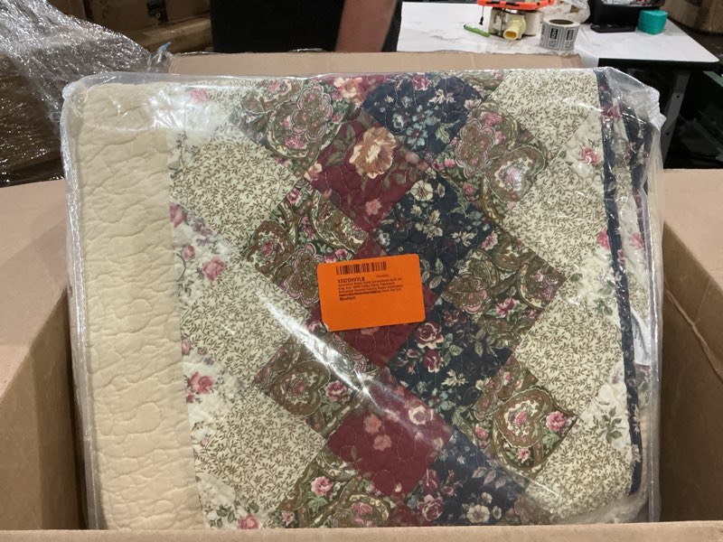 Condition photo showing Good Condition for beige floral embroidered quilt set king size 100% cotton ethnic patchwork bedspread coverlet country rustic embroidery reversible geometric bedding cover set soft cotton comforter cover,3pcs floral king 98 x 106 inch