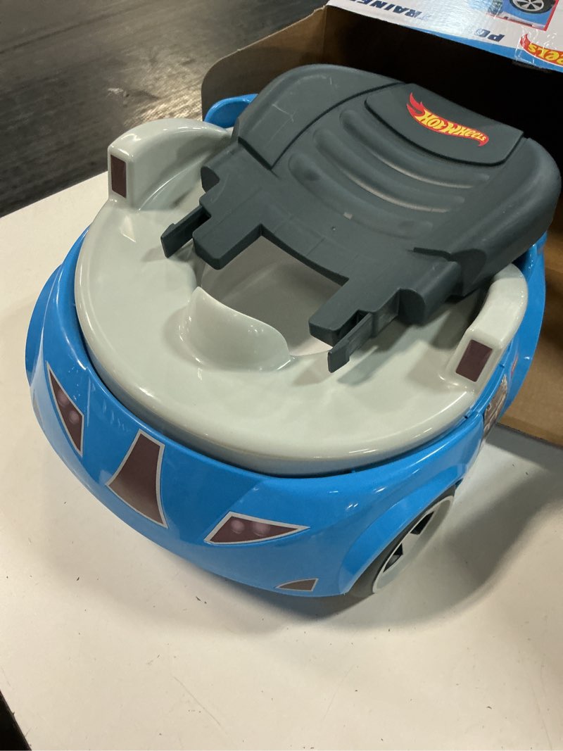 Condition photo showing Good Condition for hot wheels blue race car potty training toilet, race car potty seat includes detachable toddler toilet seat and kids potty, ages 12 months and up
