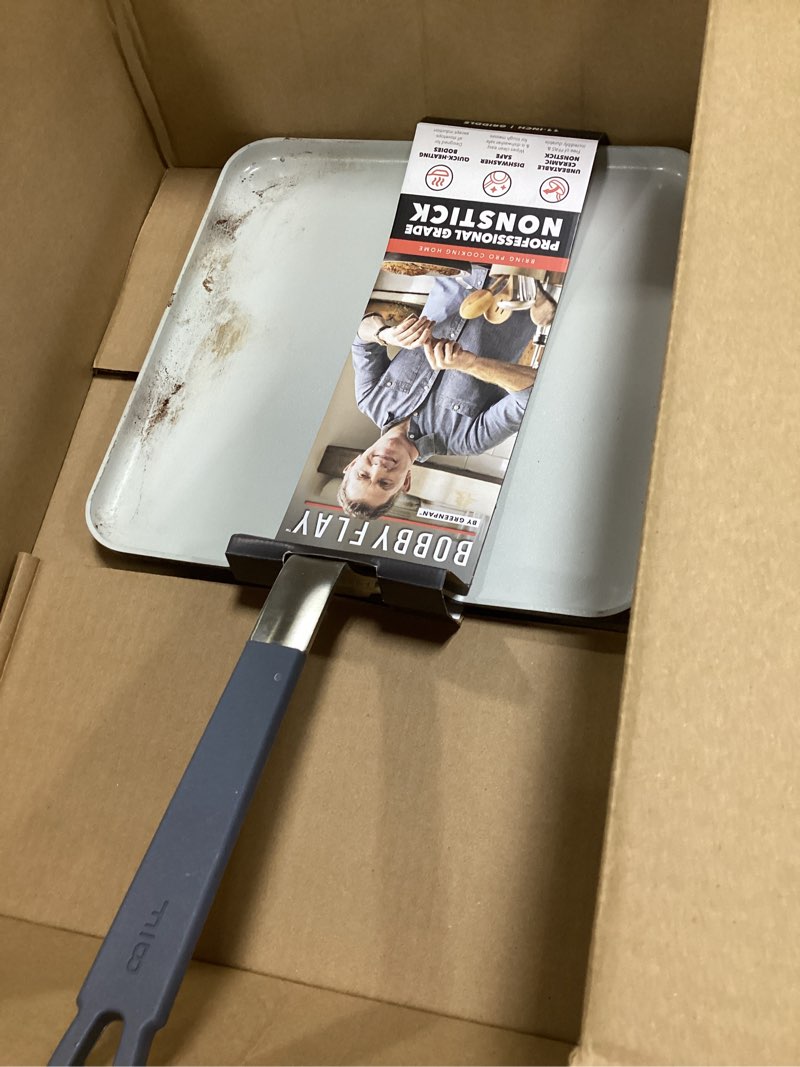 Condition photo showing As Is for GreenPan x Bobby Flay 11” Nonstick Square Griddle Pan, PFAS-Free Diamond Ceramic,Stay-Cool Silicone Handle, Easy Clean Dishwasher & Oven Safe Skillet, Graphite 11" Square Griddle Pan Graphite