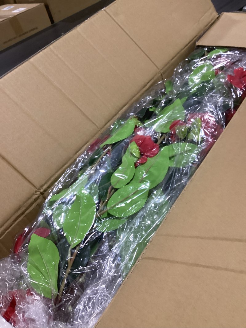 Condition photo showing Good Condition for artificial camellia tree 2 pack – 40'' realistic fake potted plant with 30 red flowers, lifelike faux camellia trees for home, living room, patio, wedding, event decoration