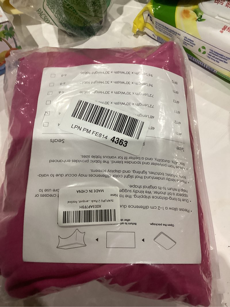 Condition photo showing As Is for IVAPUPU 2 Pack 4FT Table Cloth for Rectangular Fitted Events Stretch Fuchsia Table Covers Washable Cover Spandex Tablecloth Protector for Party, Wedding, Cocktail, Banquet, Festival Fuchsia 4 Ft - 2 Pcs