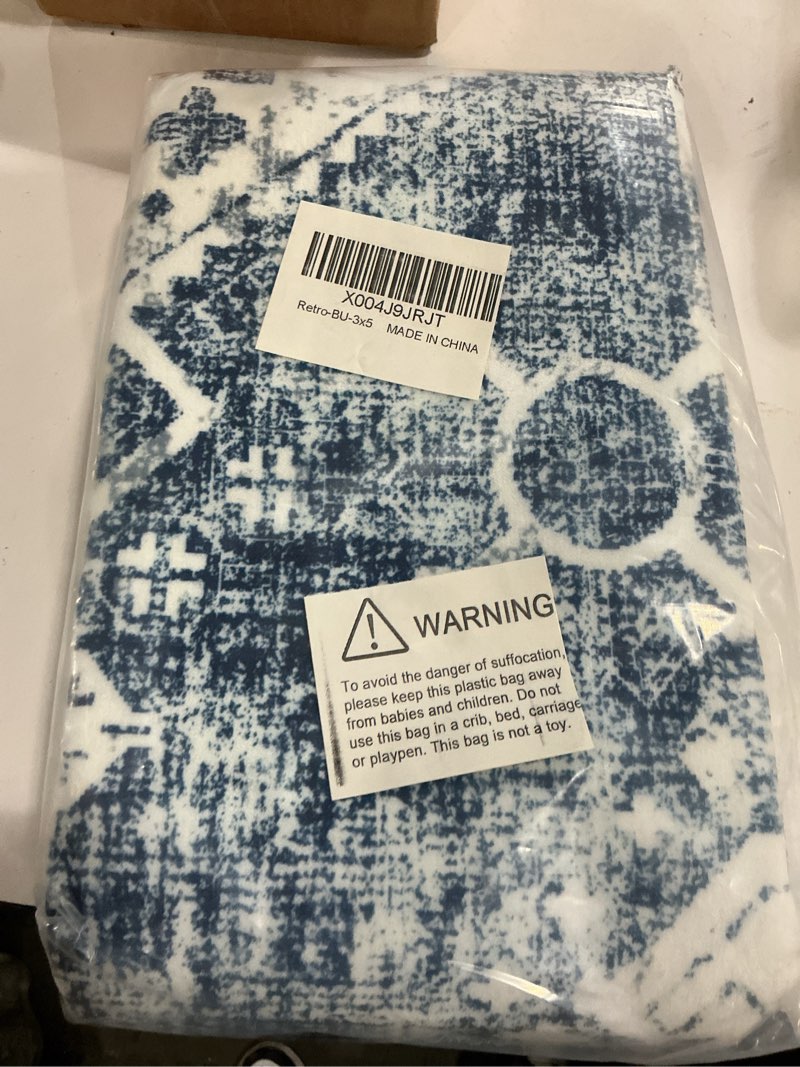 Condition photo showing New/Like New for 3x5 Washable Area Rug, Upgraded Denser Surface Vintage Rugs, Honeycomb Non-Slip Backing Living Room Rug, Easy Care Foldable Rugs for Living Room Bedroom Kitchen Dinning Room Home Office 3'x5' Blue