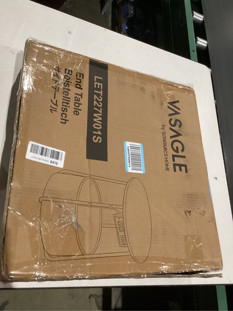 Condition photo showing As Is for VASAGLE LILEA Collection - Side Table with Charging Station, Round End Table with Fabric Basket, LED Nightstand with USB Ports, Modern, for Living Room, Matte White and Camel Brown ULET227W01 Matte White + Camel Brown With LED light