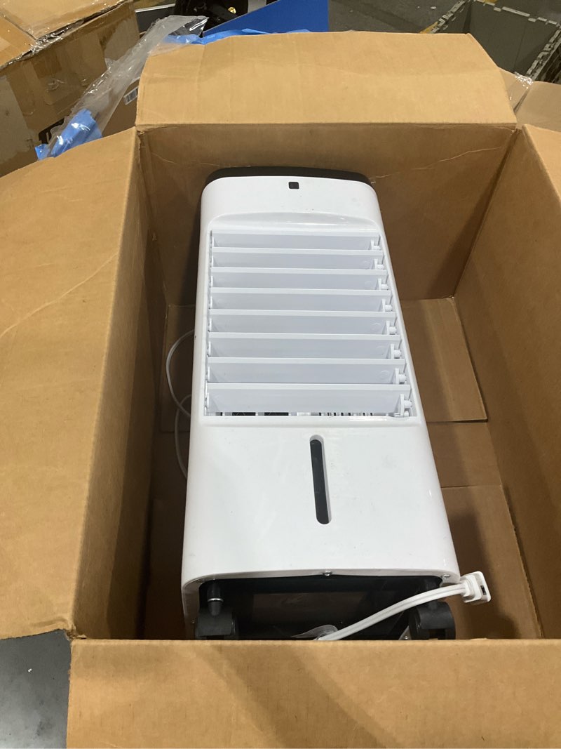 Condition photo showing As Is for costway evaporative air cooler and heater, 3-in-1 portable cooling fan with 3 modes, 3 speeds, 12-hour timer for auto off, 5.4l water tank, control panel, swamp cooler for home bedroom office
