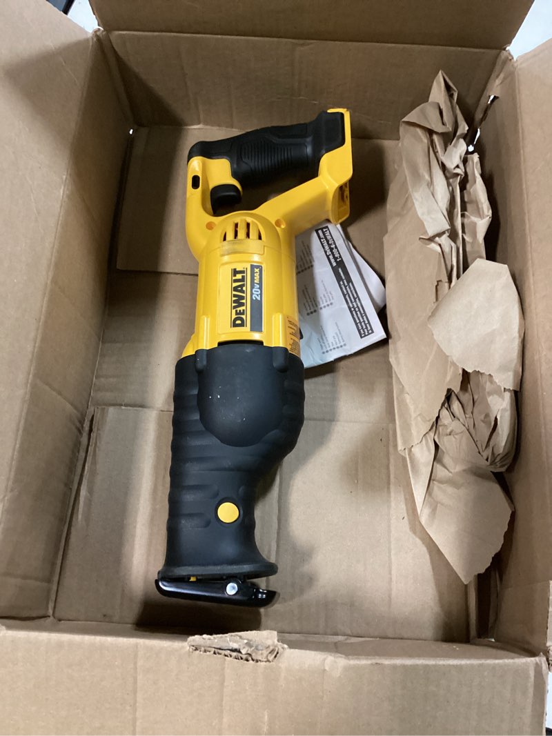 Condition photo showing As Is for dewalt 20v max reciprocating saw, 3,000 strokes per minute, variable speed trigger cordless saw, tool only (dcs380b) recip saw only saw