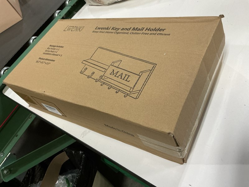 Condition photo showing New/Like New for Mail Organizer for Wall Mount – Key Holder with Shelf Includes Letter Holder and Hooks for Hallway Farmhouse Decor – Rustic Wood with Flush Mounting Hardware (16.5” x 9.1” x 3.4”) (Black)