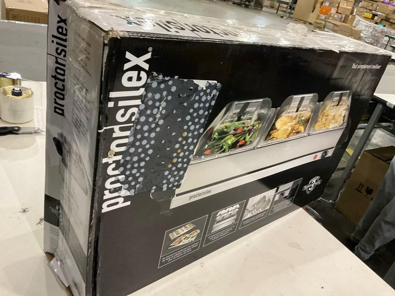 Condition photo showing As Is for Proctor Silex Buffet Server & Food Warmer, Adjustable Heat, for Parties, Holidays and Entertaining, Three 2.5 Quart Oven-Safe Chafing Dish Set, Stainless Steel