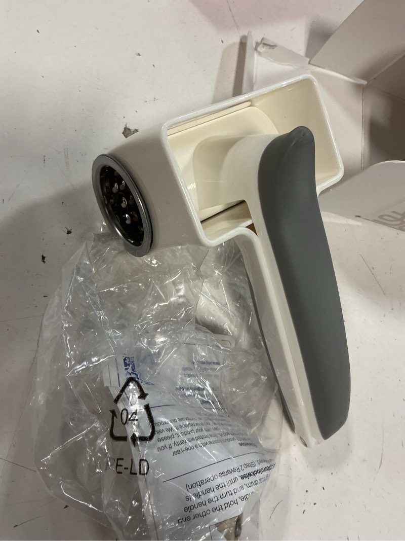 Condition photo showing Good Condition for patented rotary parmesan cheese grater, hand crank cheese shredder with fine & coarse drums, restaurant quality, white, stainless steel & abs, dishwasher safe
