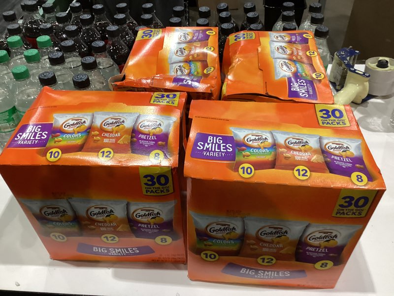 Condition photo showing item condition for Goldfish Crackers Big Smiles Variety Pack with Cheddar, Colors, and Pretzels, Snack Packs, 30 Ct