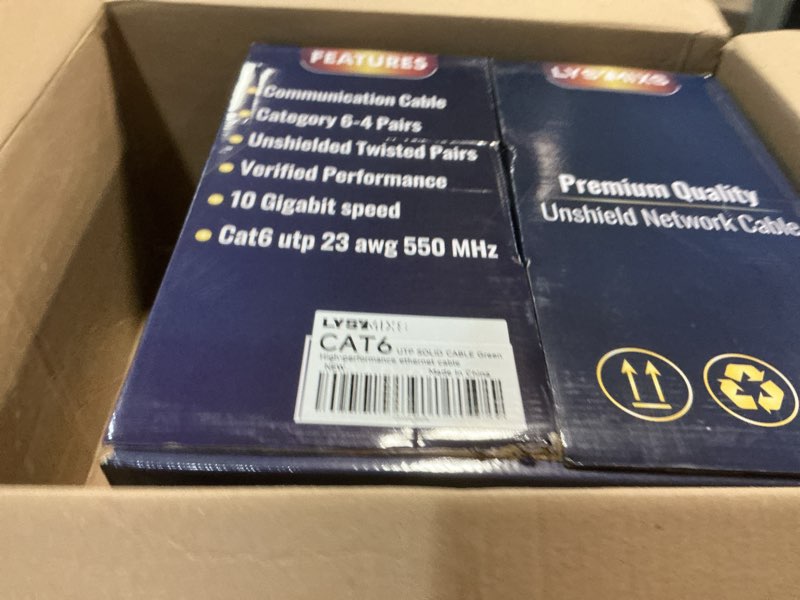 Condition photo showing New/Like New for cat6 ethernet cable 1000ft channel test pass, cat6 1000ft ethernet cable 23awg solid cca, cat6 cable 550mhz 10g with easy pull box green 1000ft green