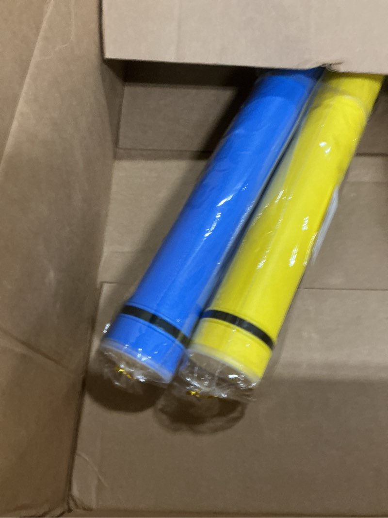 Condition photo showing New/Like New for 2-pack extendable poster tubes expand from 24.5” to 40” with shoulder strap | carry documents, blueprints, drawings and art | blue and yellow portable durable round storage cases with lids and labels