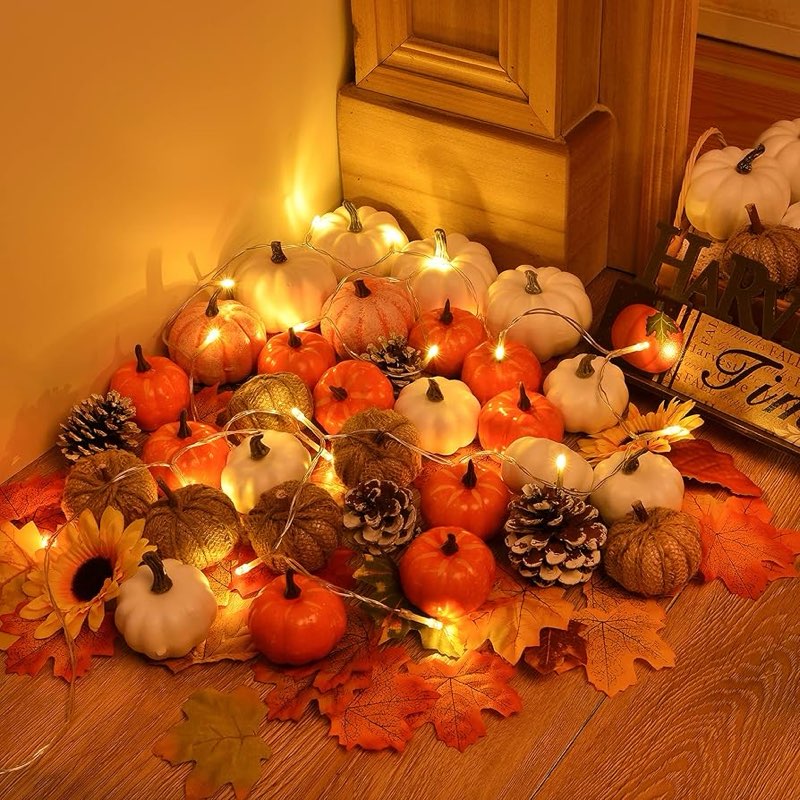 dearhouse 80pcs artificial pumpkins maple harvest fall decoration, 30pcs fall pumpkins and 50pcs maple leaves for autumn thanksgiving harvest home decor