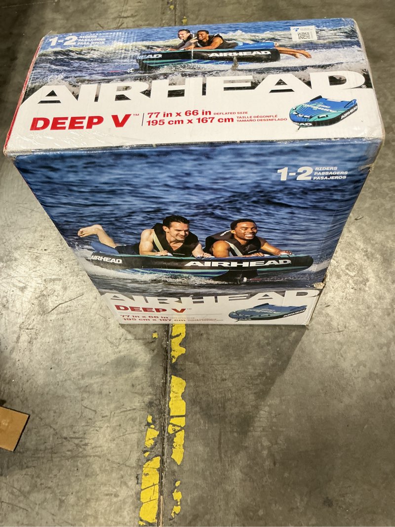Condition photo showing New/Like New for airhead g-force inflatable towable tube | 2-4 rider models | dual tow points | full nylon cover | kwik-connect | patented speed valve | boat tubes and towables deep v 2 rider