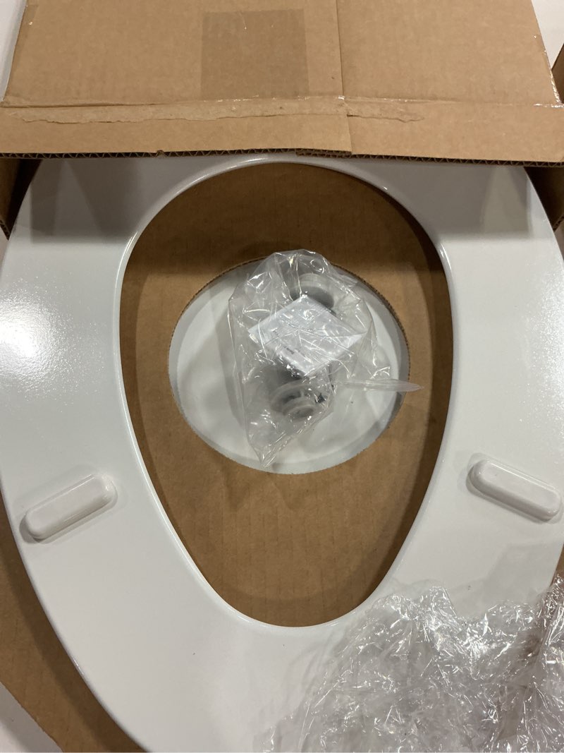 Condition photo showing New/Like New for church toilet seat, easy clean hinges release for deep cleans, durable enameled wood seat, elongated, white elongated white