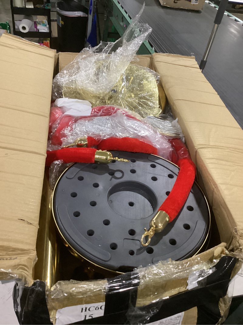 Condition photo showing Good Condition for wesiti 8 pcs stainless steel stanchion post queue, 5ft red velvet rope red carpet ropes and poles stanchions and velvet ropes gold stanchions with red rope crowd control barriers for party supplies 5 ft gold 8