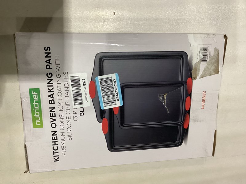 Condition photo showing New/Like New for NutriChef 3-Piece Nonstick Kitchen Oven Baking Pans - Premium & Stylish Non-Stick Steel, Commercial Grade Restaurant Quality Metal Bakeware with Red Silicone Handles - Easy to Clean, NCSBS3S