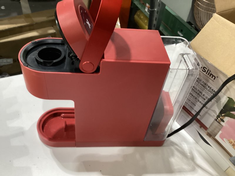 Condition photo showing As Is for keurig k- slim single serve k-cup pod coffee maker, with 3 brew sizes, multistream technology, 46oz removable reservoir, scarlet red, not tested, incomplete
