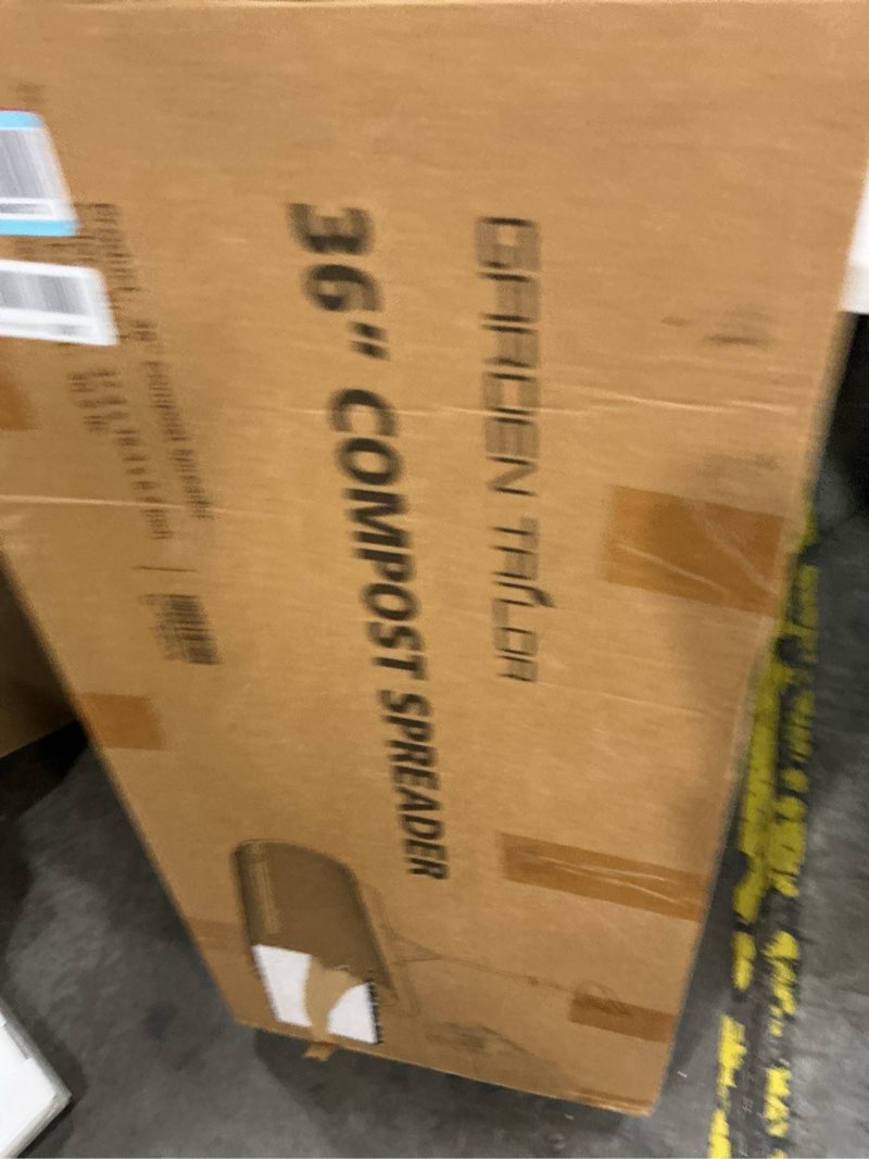 Condition photo showing New/Like New for compost spreader 36 inch towable peat moss spreader with installation support accessories, black metal mesh roller lawn spreader for top soil, manure, mulch, top dressing - garden spreaders for lawns