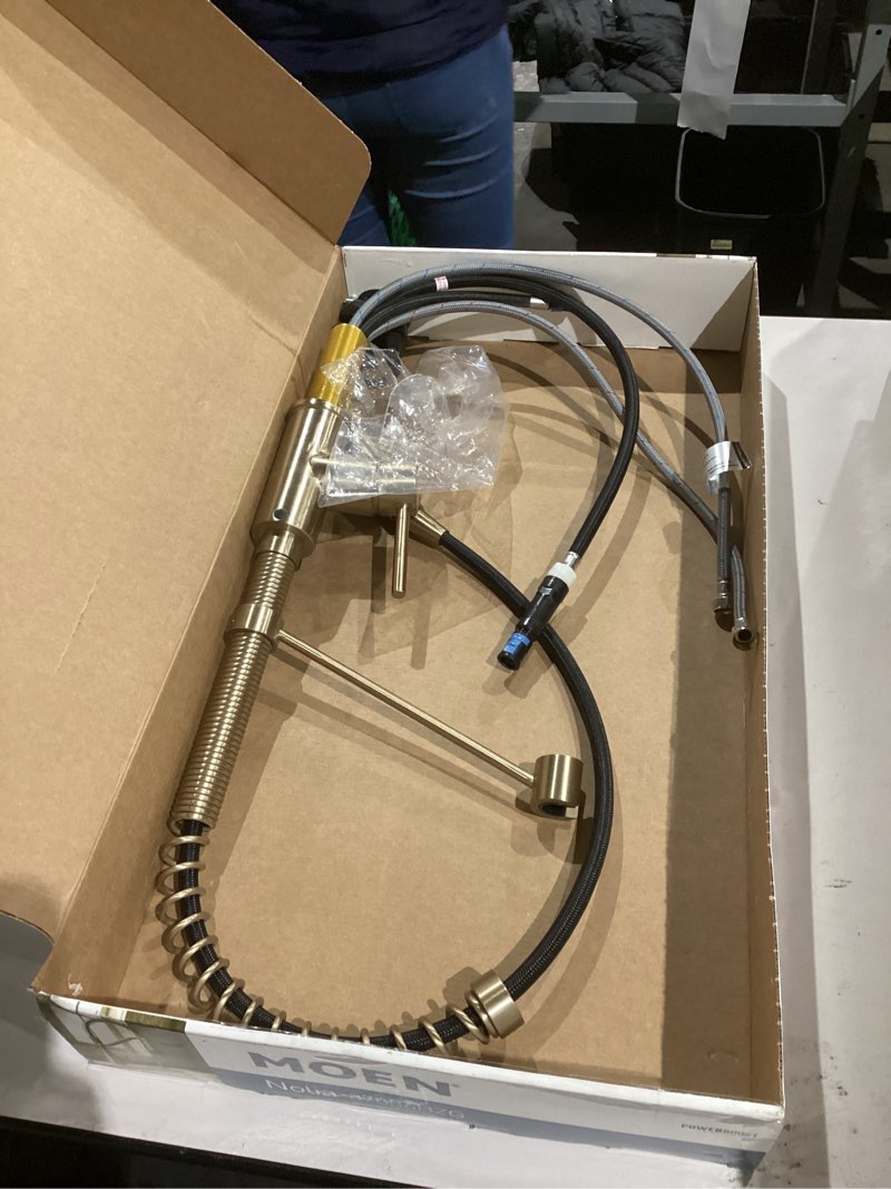 Condition photo showing As Is for Moen Nolia Bronzed Gold One-Handle Pre-Rinse Spring Kitchen Faucet with Pull Down Sprayer, Single Hole Kitchen Sink Faucet with Soap Dispenser, 87886BZG