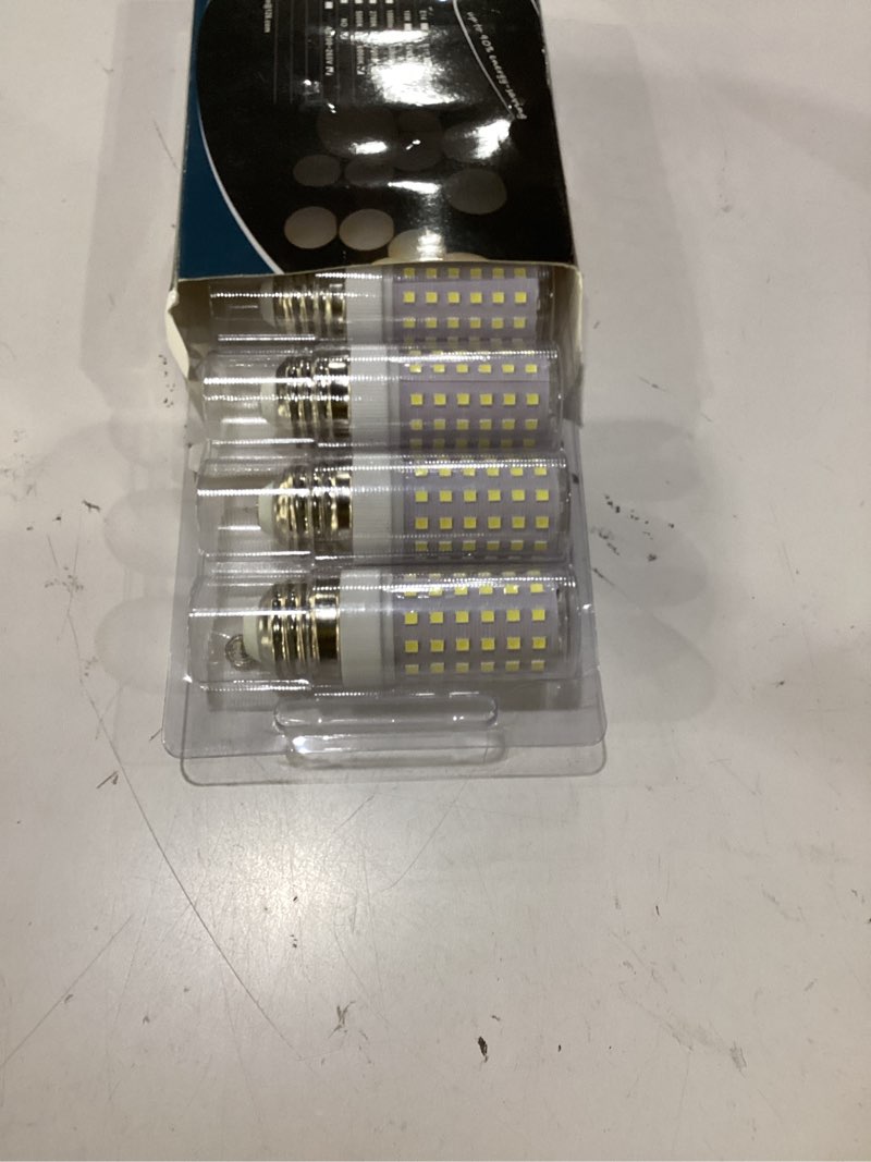 Condition photo showing As Is for alide e26 100w replacement led candelabra corn bulbs 6000k white | e26 e27 12w led light bulbs 1200lm for ceiling fan chandelier pendant lighting refrigerator,non-dimmable,4 pack daylight white 12 watts