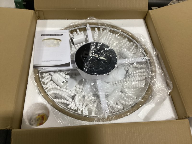 Condition photo showing Good Condition for viigunence boho ceiling fan with light and remote, 20‘’ wood beads flush mount ceiling fans with 6 speeds, bohemian caged fandelier chandelier fan for nursery bedroom living room