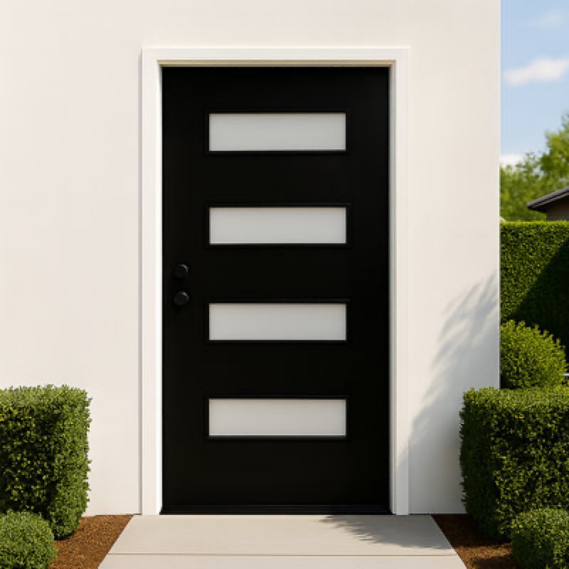 36 in. x 80 in. black fiberglass front door with frosted glass and brickmould design