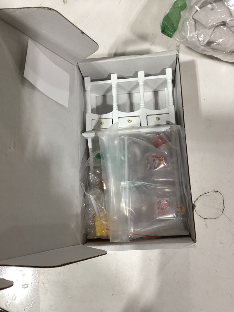 Condition photo showing As Is for Dollhouse Miniatures Accessories 1/12 Scale, 34pcs White Wooden Bookshelf Furniture Kit - Mini Books&Gift Boxes, Candy Jars, Christmas Tree&hat, Dollhouse Christmas Decorations for Kids