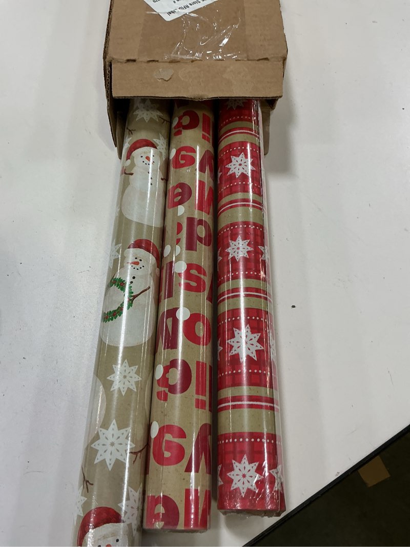 Condition photo showing New/Like New for Hallmark Reversible Christmas Wrapping Paper (3 Rolls: 120 sq. ft. ttl) Merry Holidays, Snowflakes, Snowmen, Red Stripes