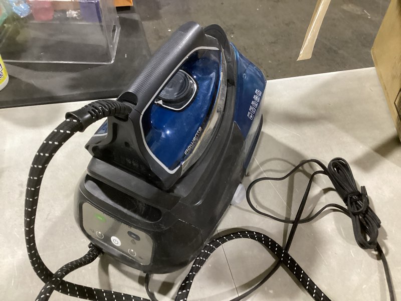 Condition photo showing As Is for (similar to )rowenta steam station, stainless steel soleplate, professional iron steamer for clothes, 1.1l removable tank, fast heat up, 1800 watts, blue clothes iron, dg8624 xl steaming sessions - high pressure steam