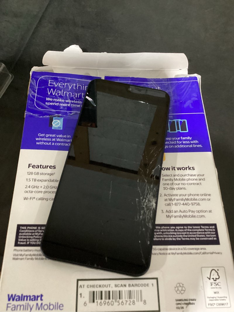 Condition photo showing As Is for screen display damaged walmart family mobile samsung galaxy a16, 128gb, 5g, black - prepaid smartphone [locked to walmart famliy mobile]