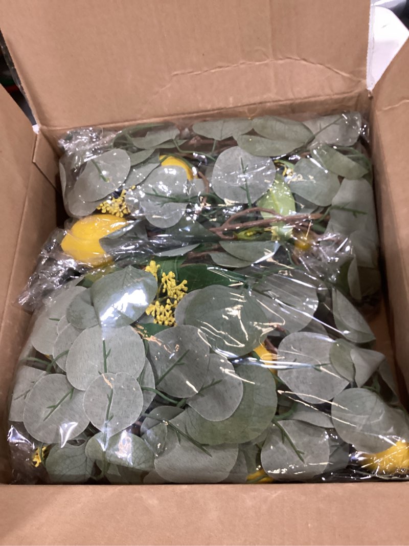 Condition photo showing As Is for u'artlines 2pcs total 12.6 ft artificial lemon garland spring summer faux fruit vine garlands with greenery eucalyptus leaves for door wall mantle wedding party table decorations 2 6.3 ft lemon vine with eucalyptus