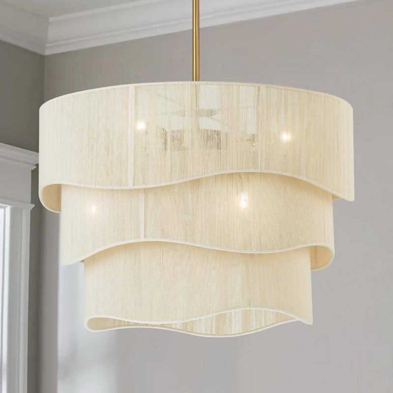 *incomplete*missing a couple shades*Knuth 6-Light 3-Tiered Modern Farmhouse Drum Handwoven Ivory Rope Fabric Large Chandelier for Dining Room