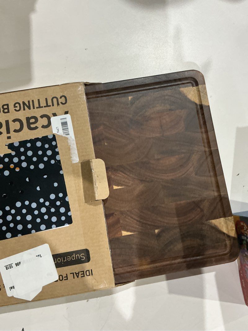 Condition photo showing Good Condition for end grain cutting board for kitchen with non-slip feet, acacia wood heavy duty checkered cutting board handcrafted luxury chopping board for cooking and serving wooden butcher block non toxic 14"l x 10"w
