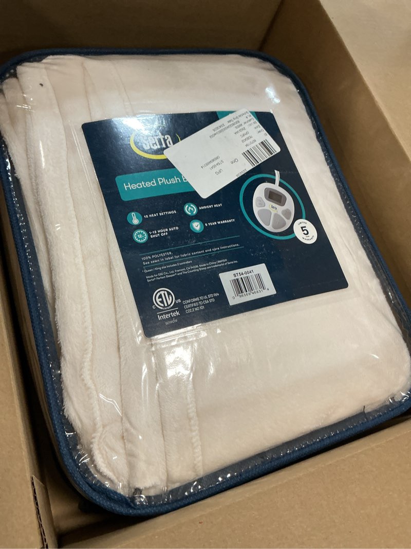Condition photo showing Good Condition for serta luxuriously soft plush electric blanket fast heating cozy cover, safety auto shut off timer, low emf, multi heat setting, etl certified, machine washable, ivory full (84 in x 77 in) full creme white