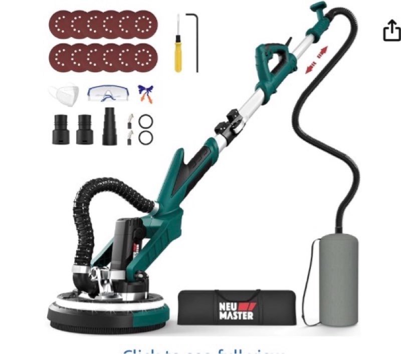 NEU MASTER Electric Drywall Sander - Variable Speed Pole With Vacuum, 900-1800RPM Foldable Ceiling Sander, 12 Sanding Discs, LED Light, Extendable Handle, Dust Bag and Hose