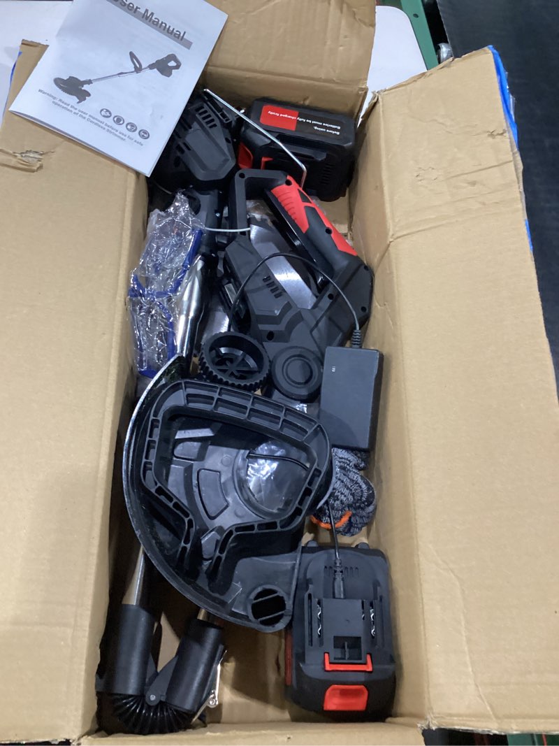 Condition photo showing New/Like New for cordless string trimmer, 8in weed wacker with 2 x 4.0ah batteries foldable | 3-in-1 battery powered brush cutter, 3 types blades electric lawn edger with side wheel assist for yard & garden black