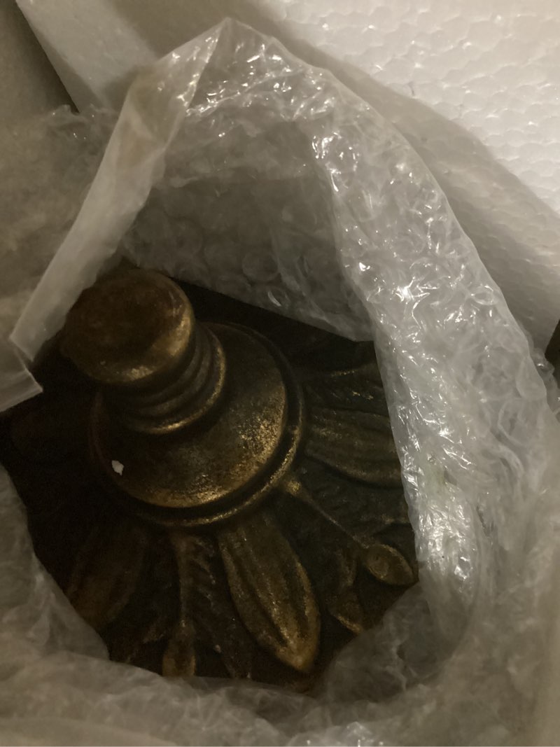 Condition photo showing Good Condition for Vintage Floor Candelabra - 37.1" Tall Antique Gold Candle Holder with Glass Lantern, Rustic Gothic Metal Pillar Stand for Home Decor, Wedding & Event Centerpiece