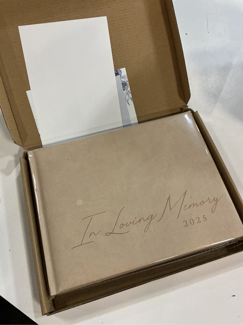 Condition photo showing New/Like New for funeral guest book for 2025 celebration of life memorial service - leather memory book for funeral guests to sign in with condolence memory table sign & back pocket - beige guestbook 2025 sand beige