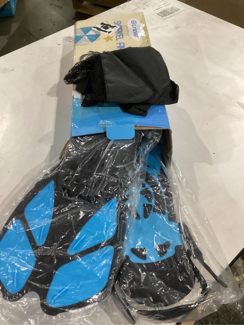 Condition photo showing New/Like New for greatever snorkel fins adjustable buckles open heel swim flippers travel size short swim fins for snorkeling diving swimming adult men womens cerulean blue l/xl (adult us size 9-13)