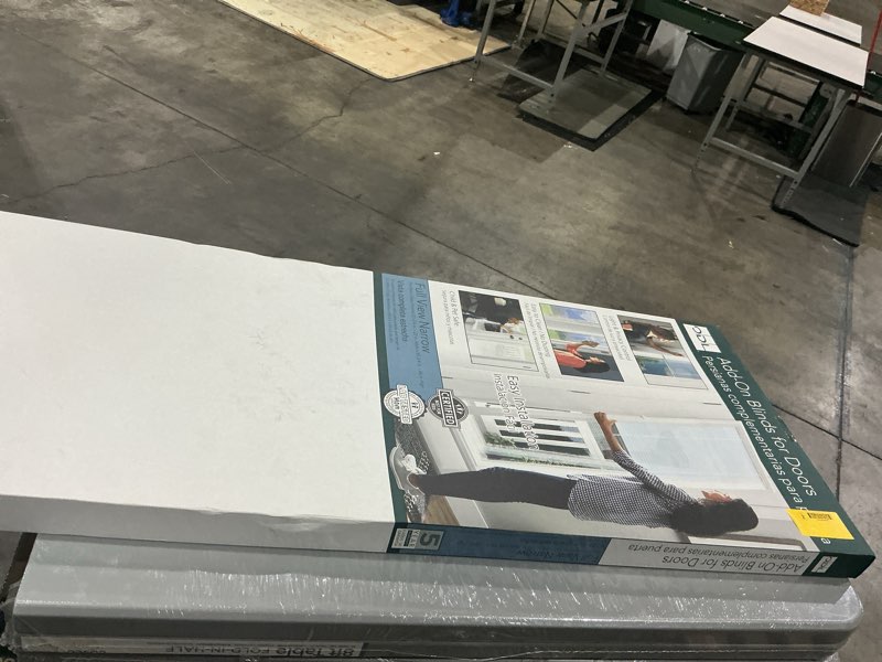 Condition photo showing As Is for odl 20 in. x 64 in. add-on enclosed aluminum blinds in white for steel & fiberglass doors with raised frame around glass