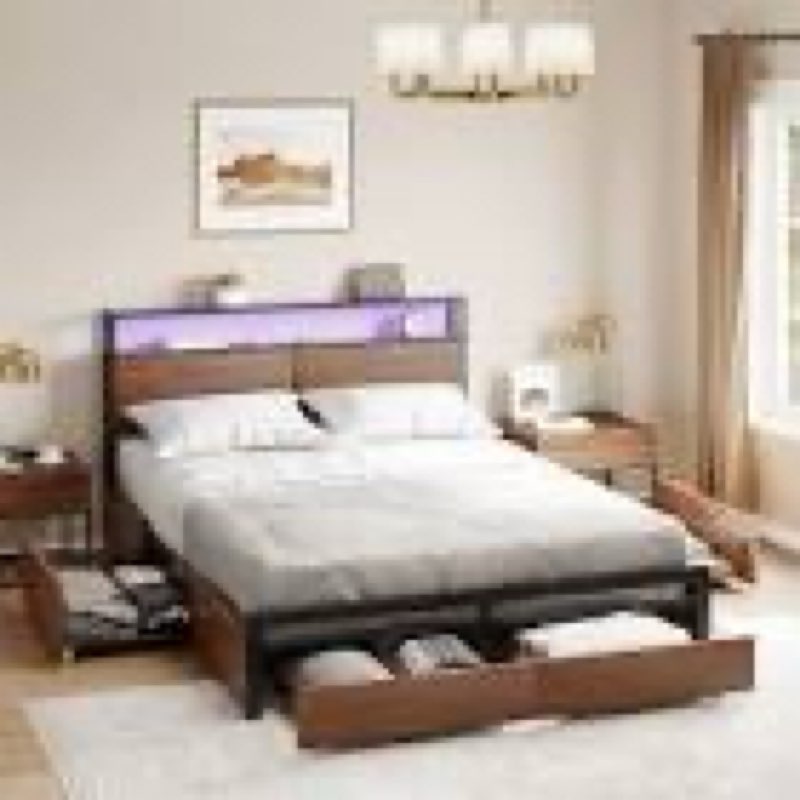 (Incomplete) Antioch Modern Bed Frame with 4 Drawers, LED Light and Charging Station queen 
