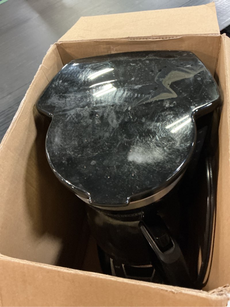 Condition photo showing As Is for black+decker 12-cup digital coffee maker, programmable, washable basket filter, sneak-a-cup, auto brew, water window, keep hot plate, black