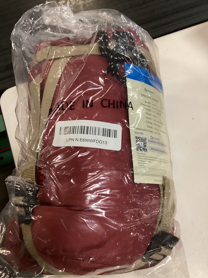 Condition photo showing New/Like New for ecoopro warm weather sleeping bag - portable, waterproof, compact lightweight, comfort with compression sack - great for outdoor camping, backpacking & hiking-83 l x 30" w fits adults wine red