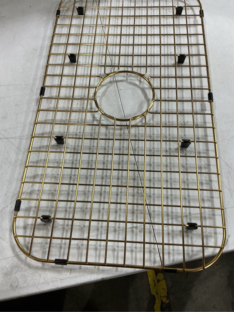 Condition photo showing Good Condition for kitchen sink grid protector,gold sink bottom grate for kitchen sink with strainer,26"l x 14"w large stainless steel sink rack protector with center drain prevents scratches,corner radius r:3-1/2