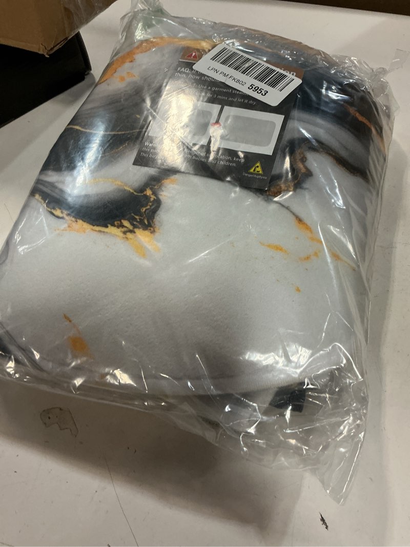 Condition photo showing As Is for Black White Gold Marble Shower Curtain Set with Toilet Lid Cover and Non-Slip Rugs, Abstract Luxury Ink Texture 4 Pcs Shower Curtain with 12 Hooks, Modern Bathroom Set with Rugs and Accessories Marble Black White Gold