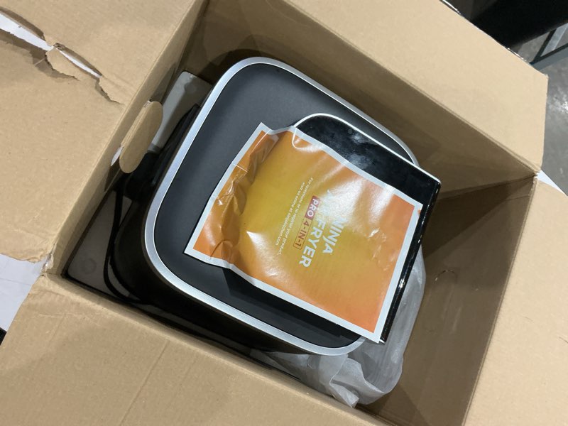 Condition photo showing As Is for ninja | air fryer | 4-in-1 pro air fry, roast, reheat, dehydrate | 5qt capacity fits up to 4lbs of french fries | 400f max temp | nonstick basket & crisper plate | 120v | grey | af141 5 qt