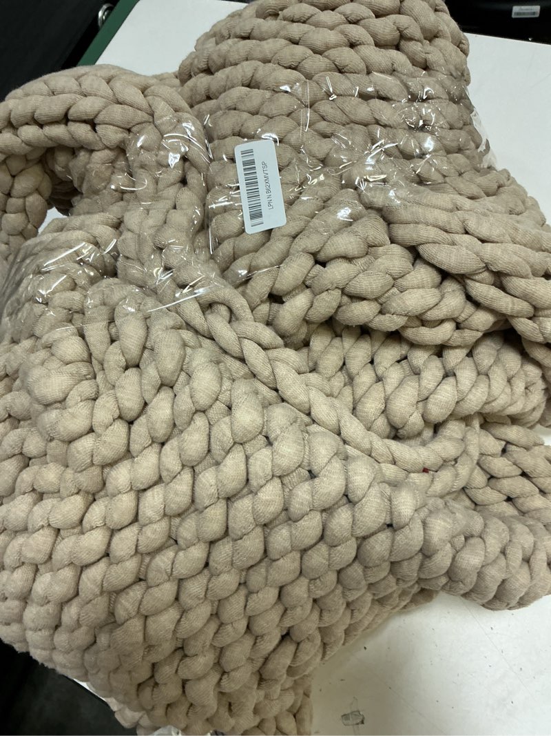 Condition photo showing As Is for ynm original hand knitted throw blanket, cosy & breathable chunky knit throw, no pilling or shedding, stylish home décor piece (beige, 50"x70")